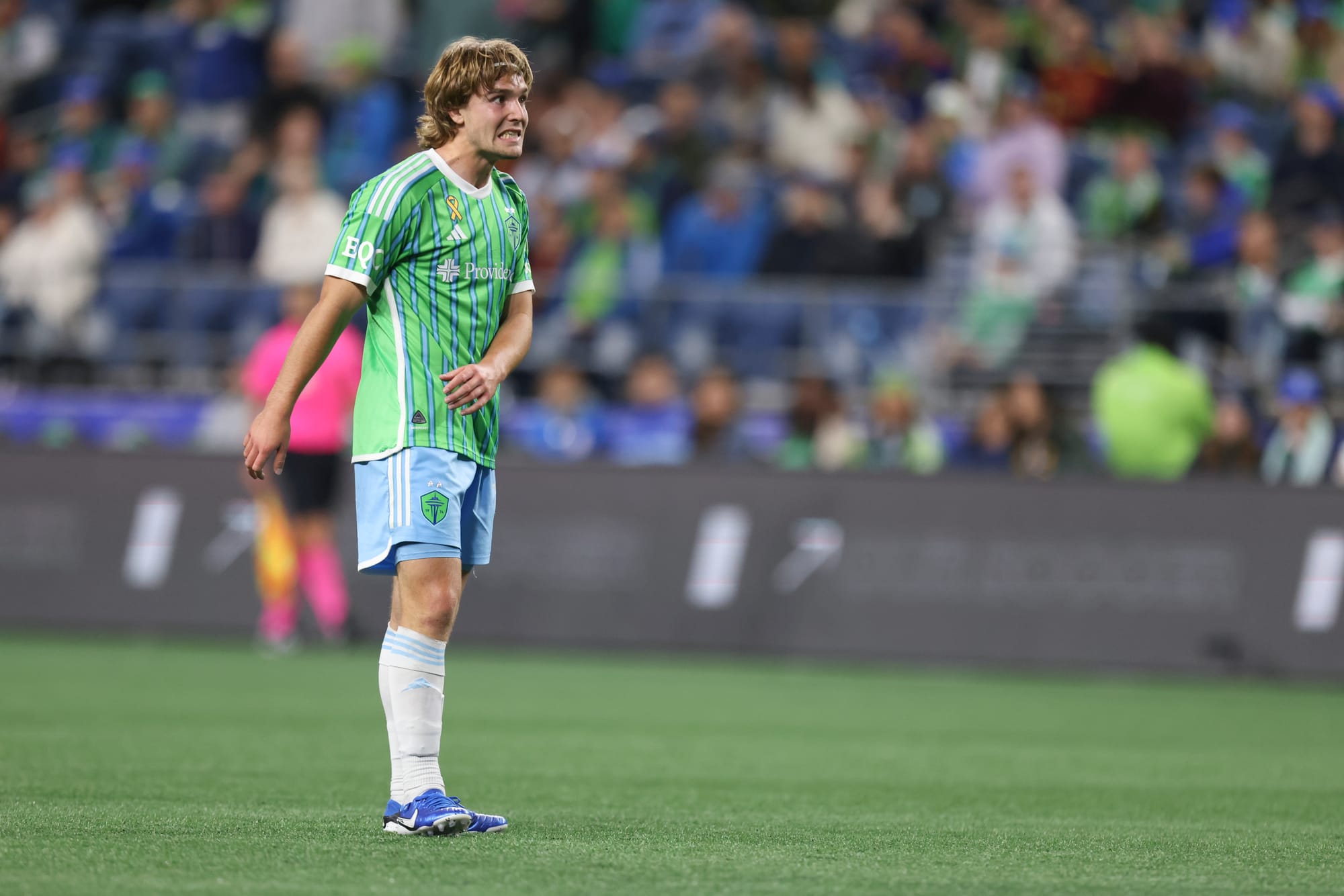 Seattle Sounders forward Pedro De La Vega dribbles the ball during a Major League Soccer match between the Seattle Sounders and San Jose Earthquakes, at Lumen Field in Seattle, in 2024.