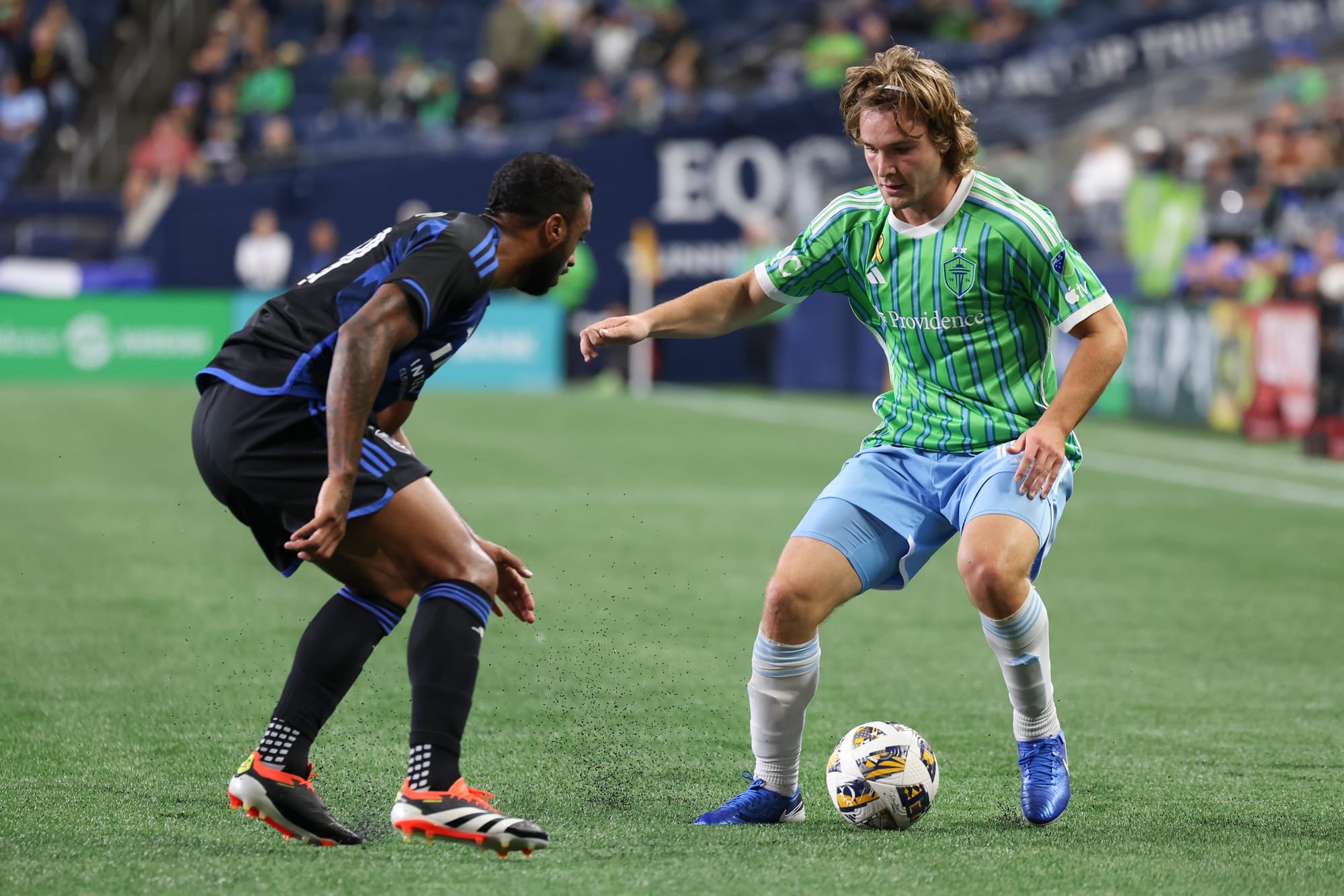 Seattle Sounders forward Pedro De La Vega dribbles the ball during a Major League Soccer match between the Seattle Sounders and San Jose Earthquakes, at Lumen Field in Seattle, in 2024.