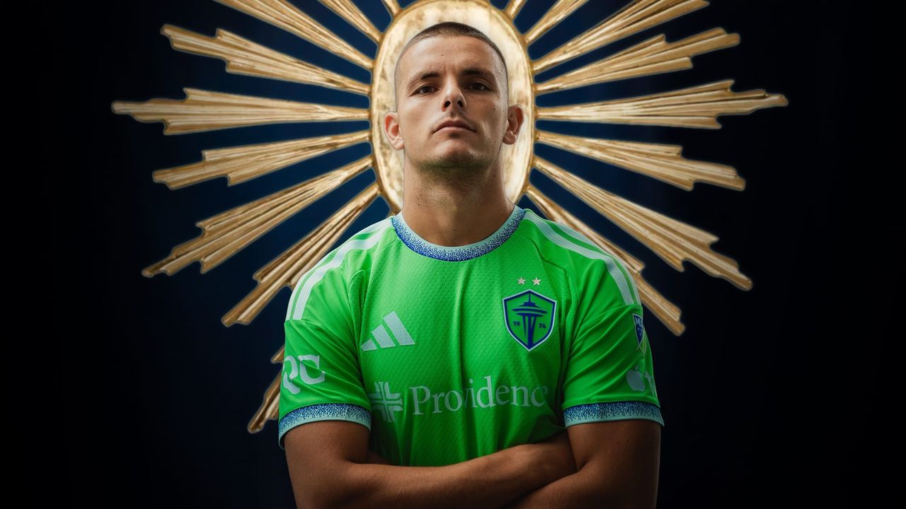Dejan Joveljic in a Seattle Sounders kit on August 25, 2026 in Seattle, Washington.