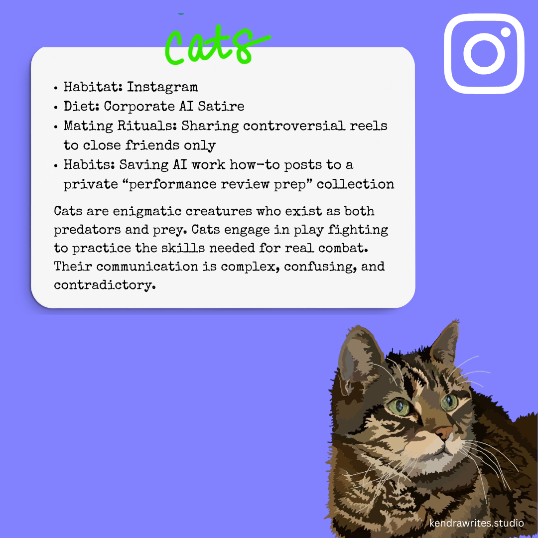 an illustration of a cat with a satirical field guide description