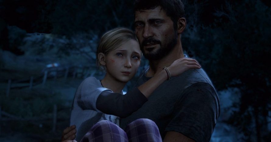 Sarah and Joel in a scene from the video game, 'The Last of Us' (2013). Joel is carrying Sarah. Sarah is a white teenage girl with short, blonde hair. She's wearing a light blue t-shirt over a long-sleeved black shirt and purple plaid pajama pants. She has bracelets on her wrist and a scratch on her cheek. Joel is a white man with short, brown hair and a beard. He's wearing a dark grey t-shirt. They are standing outside at night looking at someone.