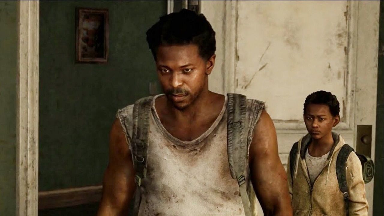 Henry and Sam in a scene from 'The Last of Us' (2013). Henry is a young Black man with a short Afro and a mustache. He's wearing a v-neck undershirt and a backpack. He's walking ahead of his younger brother, Sam, down an office corridor. Sam is a Black boy with short, curly hair. He's wearing a white t-shirt under a white hoodie an a backpack.