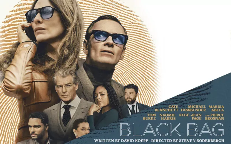 movie poster for the film 'Black Bag' featuring images of the cast on the left and the title and credits on the right