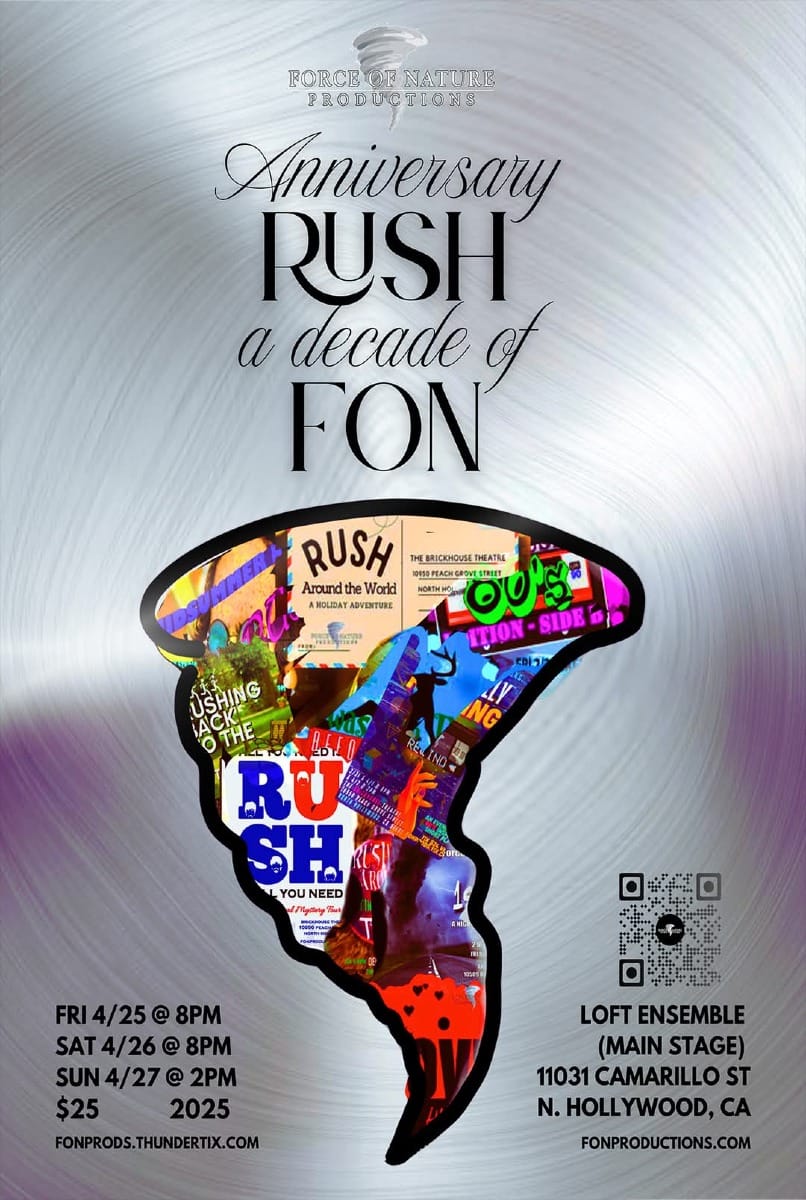 Postcard for Anniversary Rush: A decade of FON. Go to fonprods.thundertix.com for tickets. $25