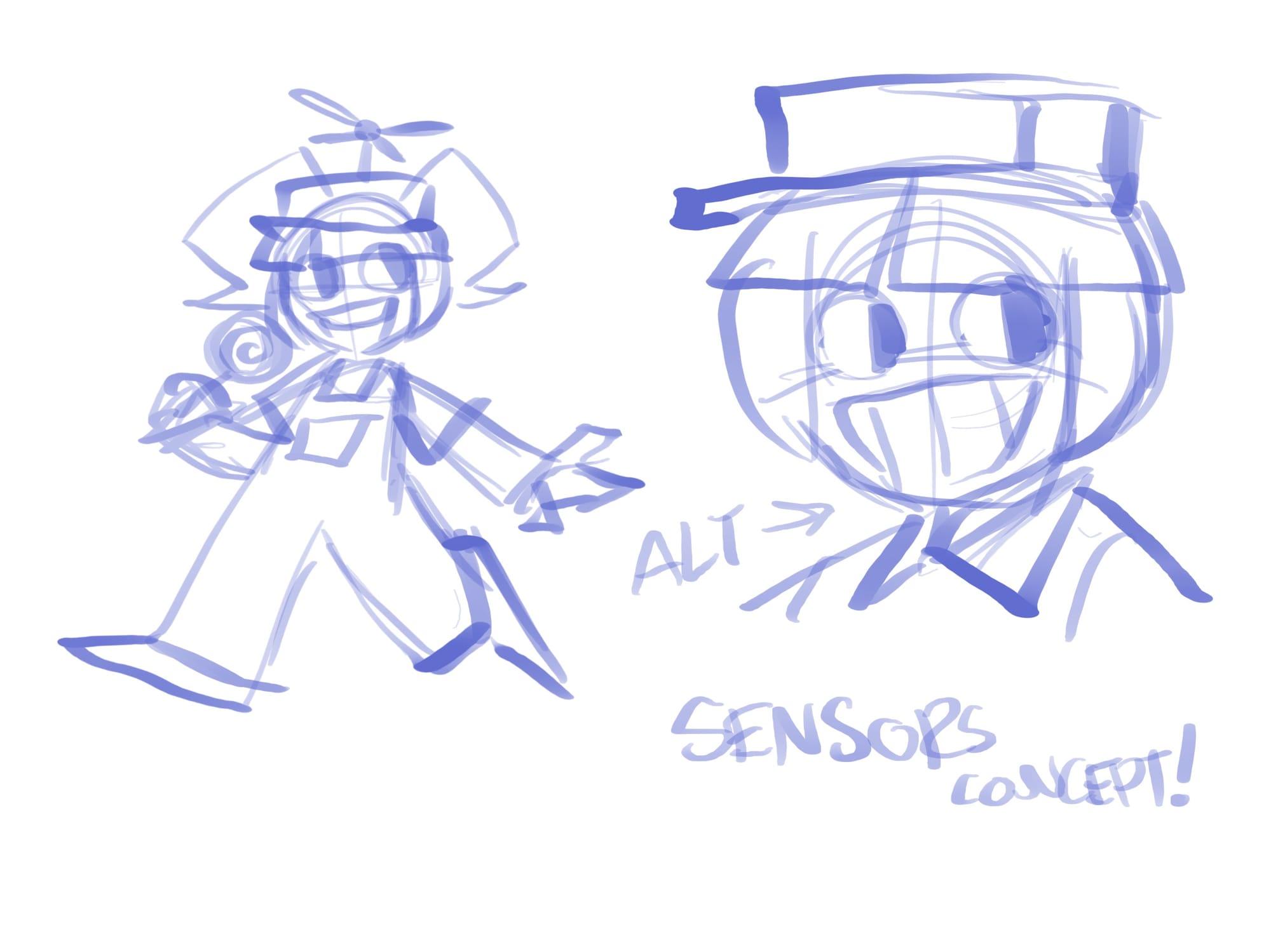 Sketch in purple ink of a cute character named Sensors with two alternate looks.