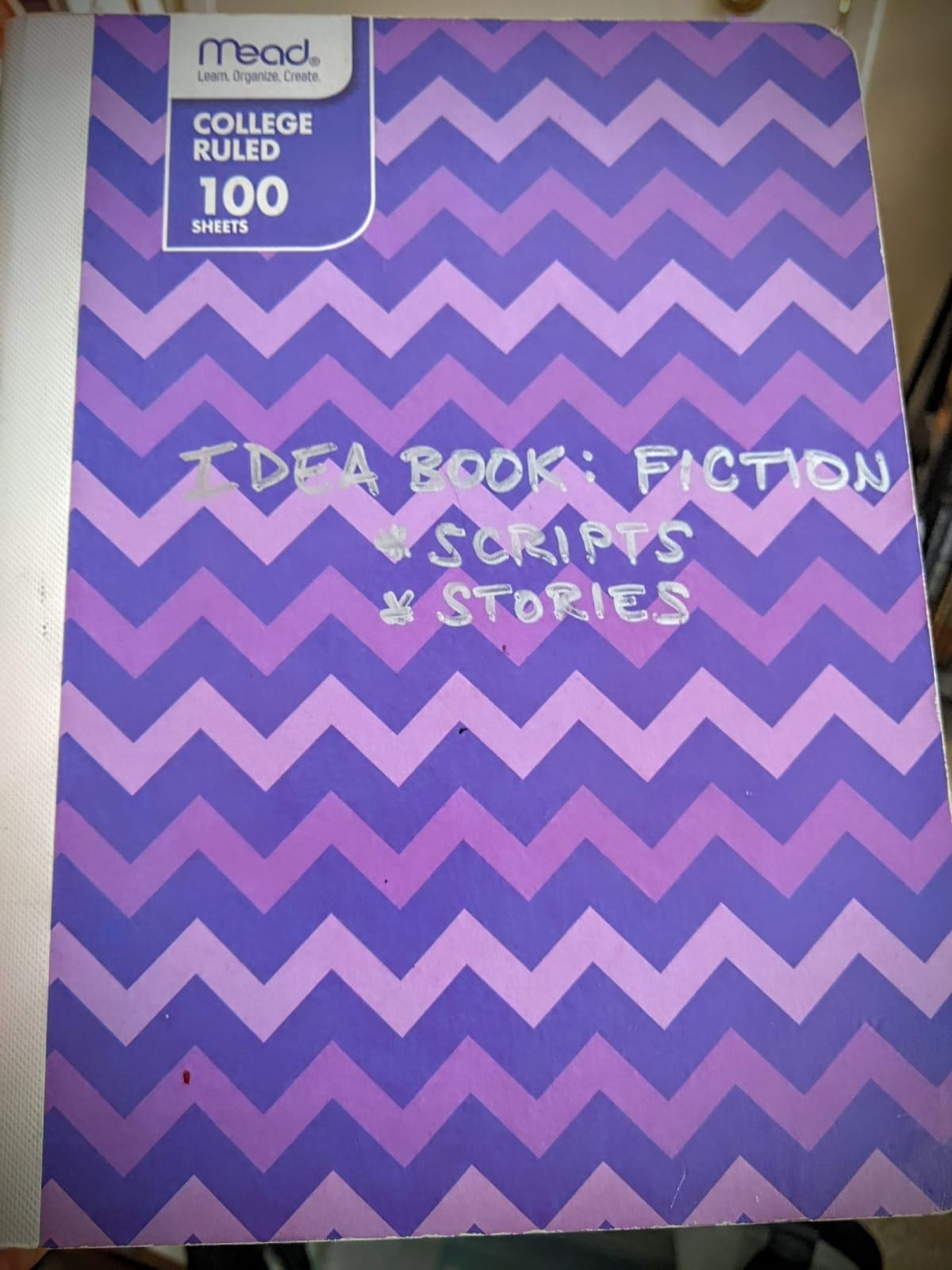 Image of a purple composition notebook with the words "IDEA BOOK: FICTION SCRIPTS STORIES" written on it in silver marker.
