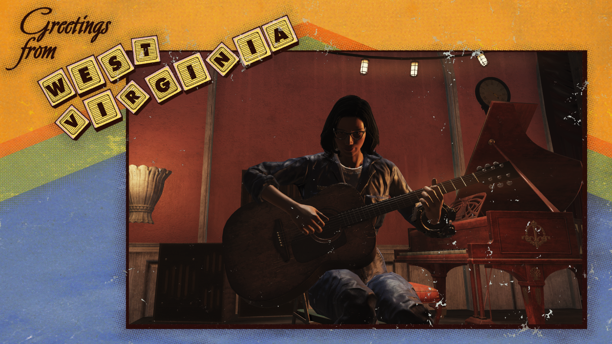 Postcard image that reads "Greetings from West Virginia!" Brunette, female player character wearing glasses and a jumpsuit seated and playing guitar.