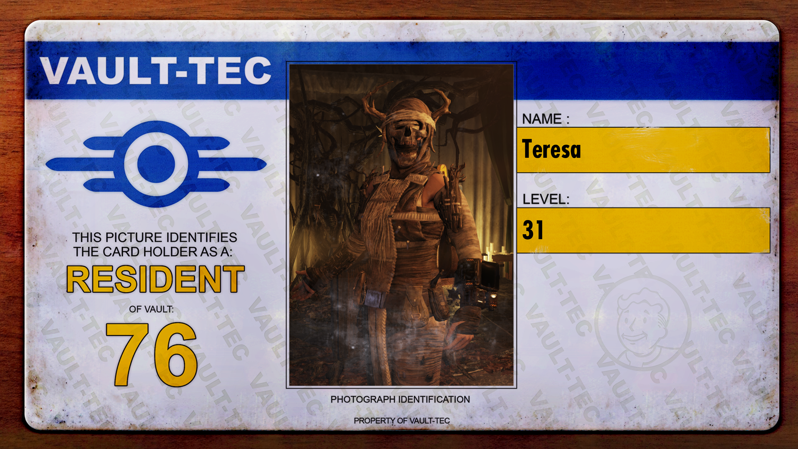 Screenshot of a Vault-Tec Vault 76 ID card with my player character on it from 'Fallout 76' wearing ritual garb that features a skull mask and antlers.  It shows my name and that I'm Level 31.