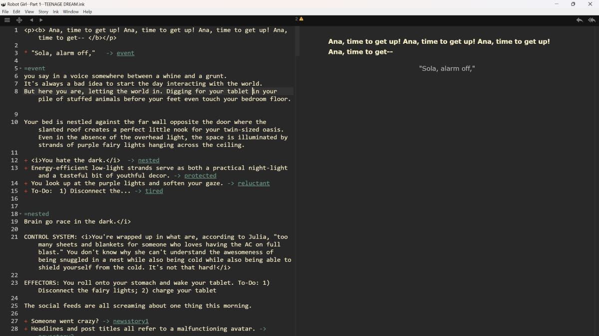 Screencap of the beginning of the script for the game ROBOT GIRL in Inky
