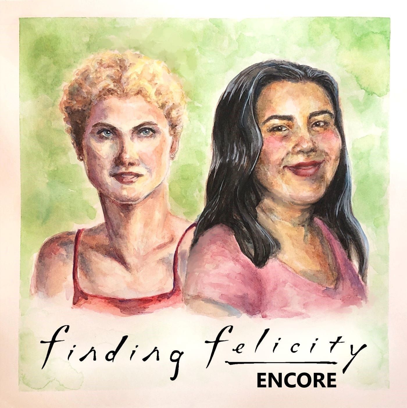 Illustrated 'Finding Felicity' logo with an illustrated Keri Russell and Teresa Jusino posed side-by-side.