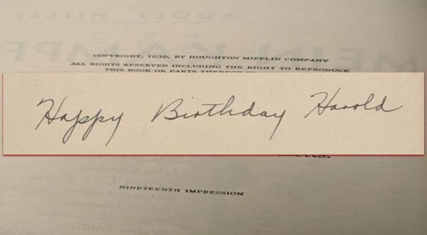 Graphic of the handwritten words "Happy Birthday Harold" overlaid on the image of a book page.