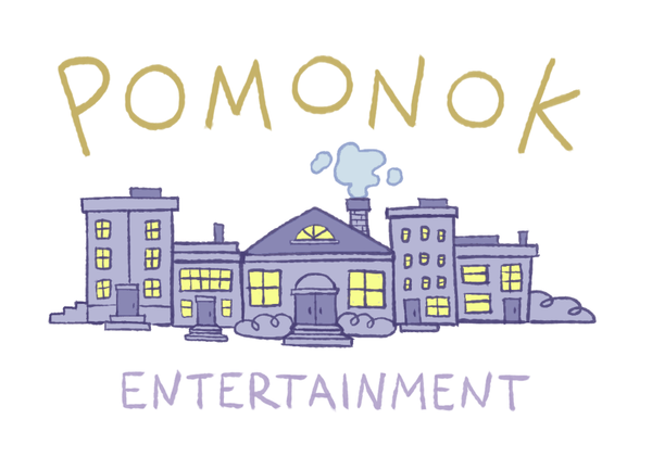 Pomonok logo: illustration of purple and yellow row houses in the center with the word "Pomonok" above in gold letters and "Entertainment" below in purple letters all on a white background.
