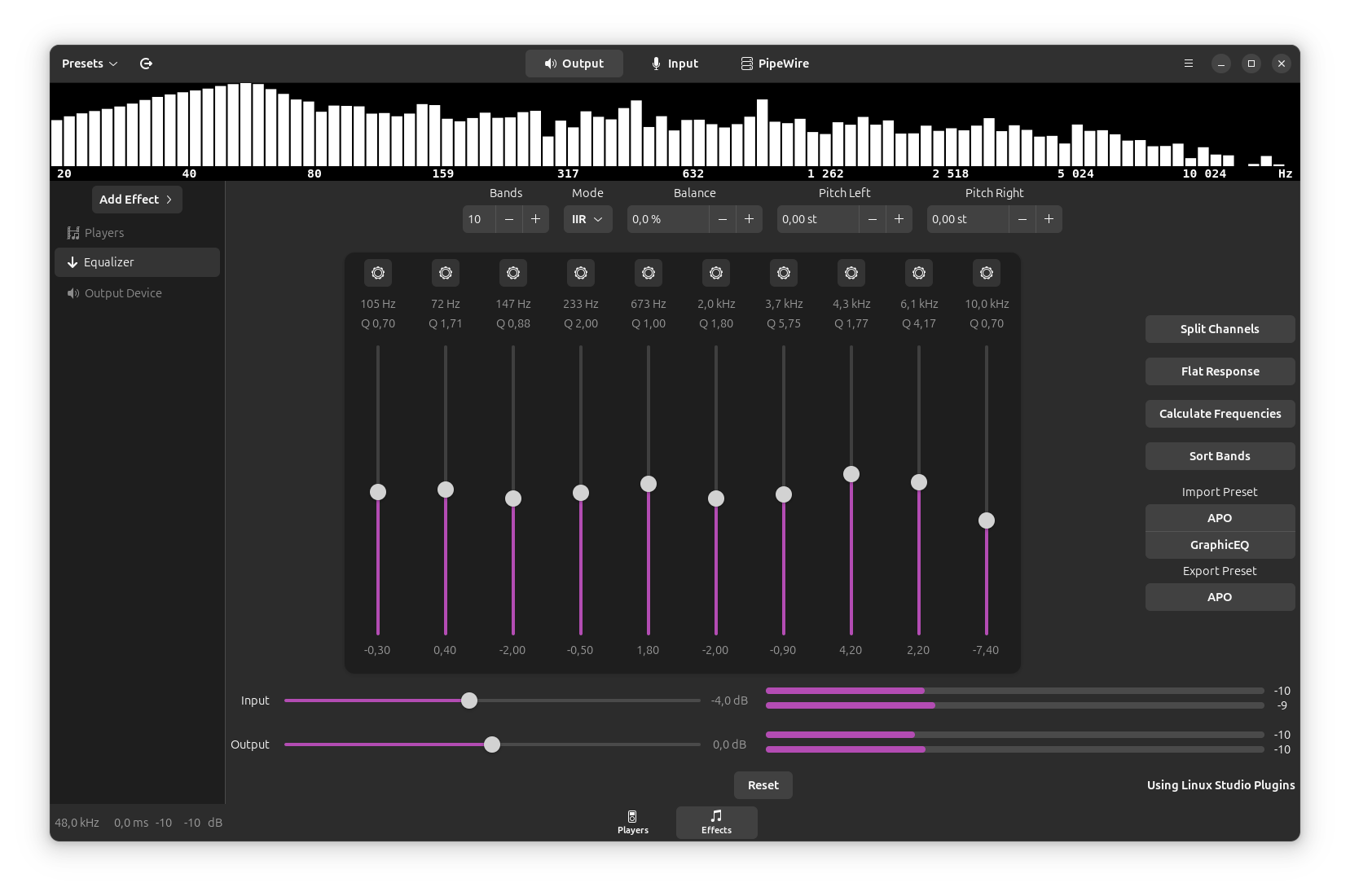 Easyeffects window showing a configured equilizer.