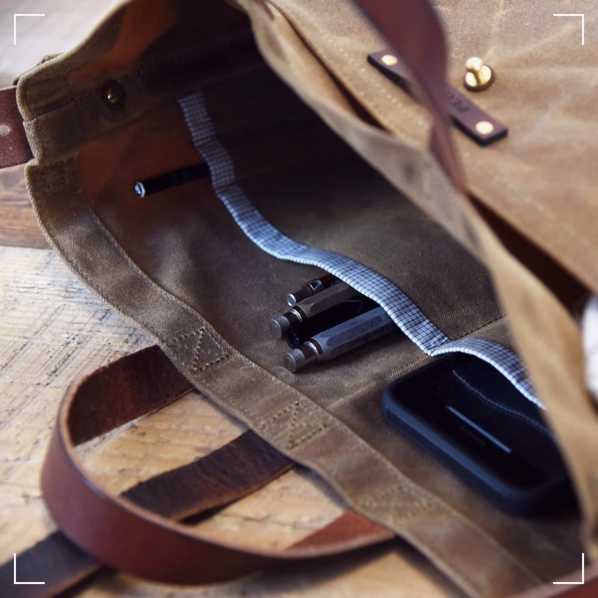 The Peg & Awl waxed canvas tote bag.