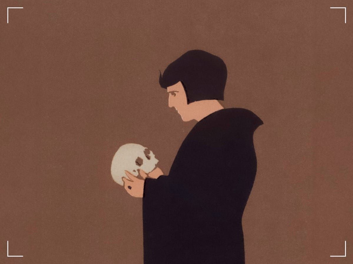 A drawing with a woman talking to a skull that she holds in her hand.