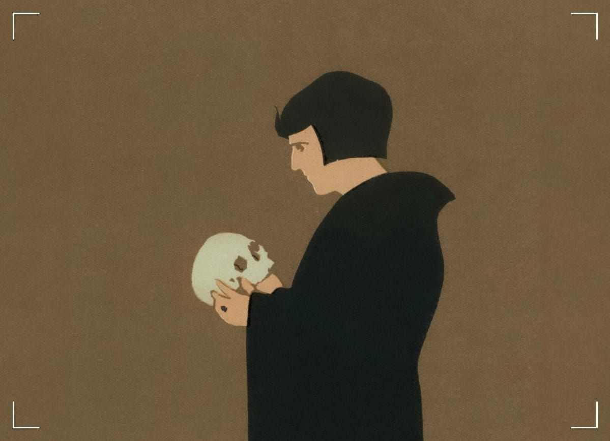 A drawing with a woman talking to a skull that she holds in her hand.
