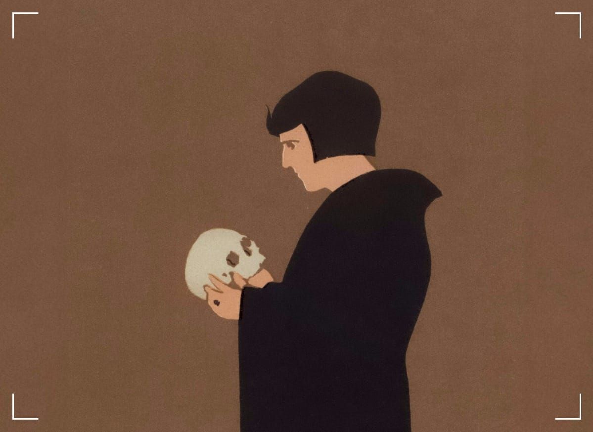A drawing with a woman talking to a skull that she holds in her hand.
