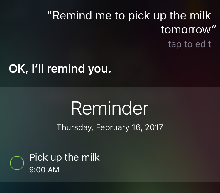 Screenshot of asking Siri to remind me to pick up the milk