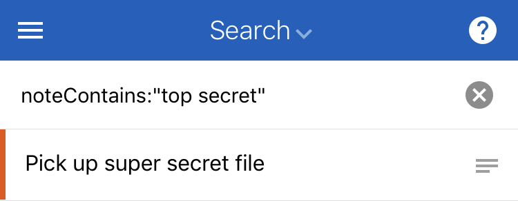 Screenshot of a 'noteContains' search in the iOS app