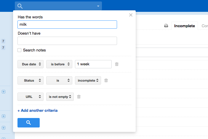 Screenshot of an advanced search in the web app