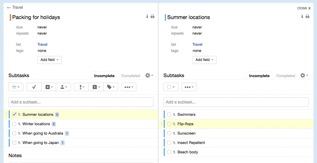 Screenshot of subtasks in the web app
