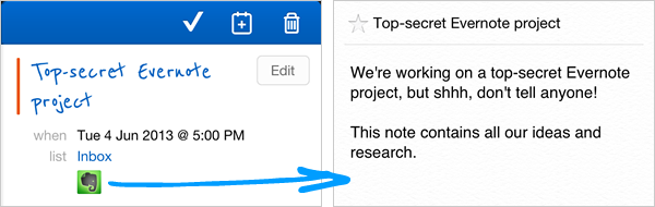Remember The Milk iOS app linking to Evernote Note