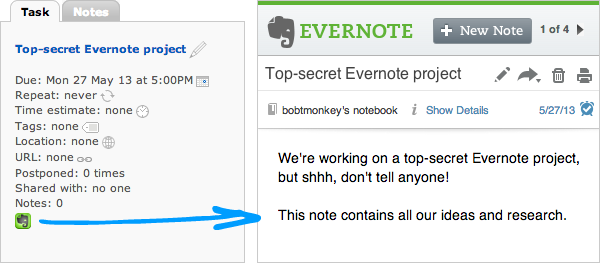 Remember The Milk web app linking to Evernote Note