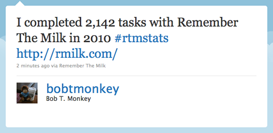 Bob T. Monkey tweets how many tasks he completed in 2010