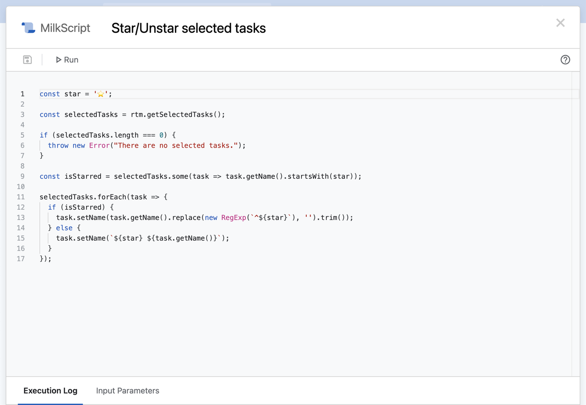 Screenshot of the MilkScript code editor in Remember The Milk.