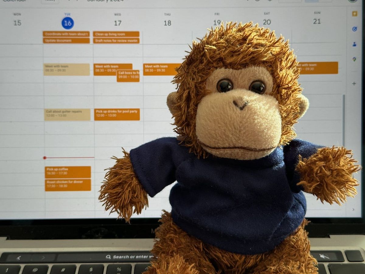Bob T. Monkey in front of his calendar.