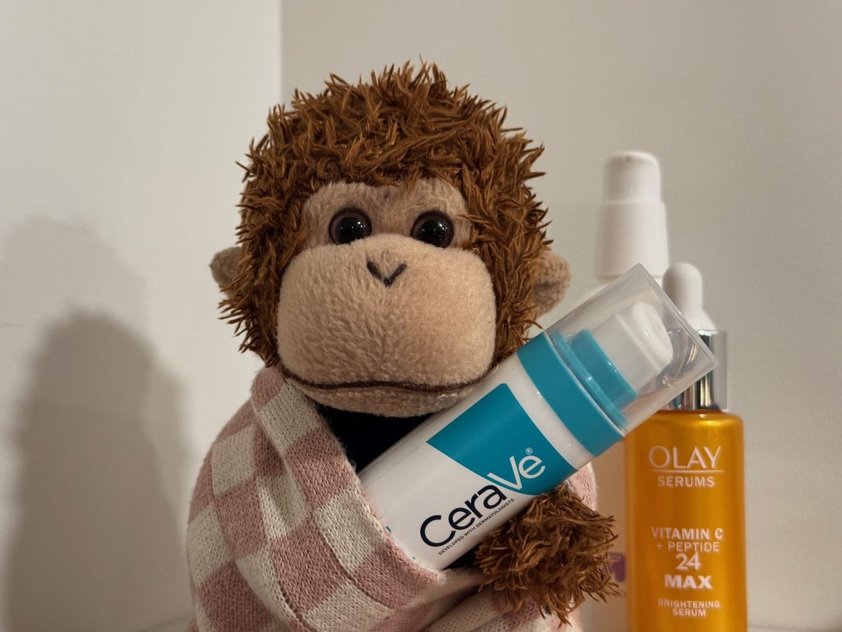 Bob laying out all his supplies to wash his face before bed.