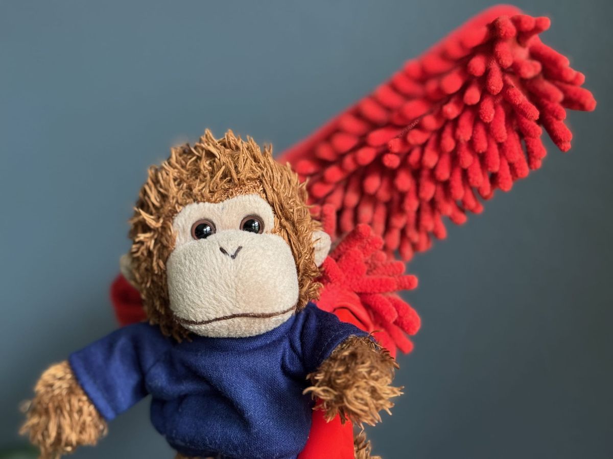 Bob holding a red microfiber duster.