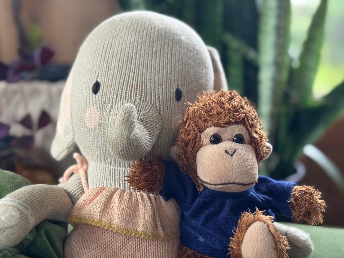 Bob and an elephant sitting side by side.