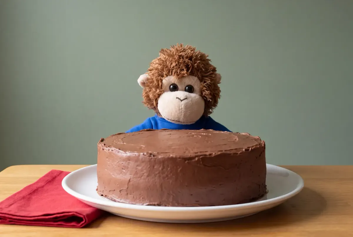 Bob T. Monkey sitting behind a large chocolate cake on a white plate