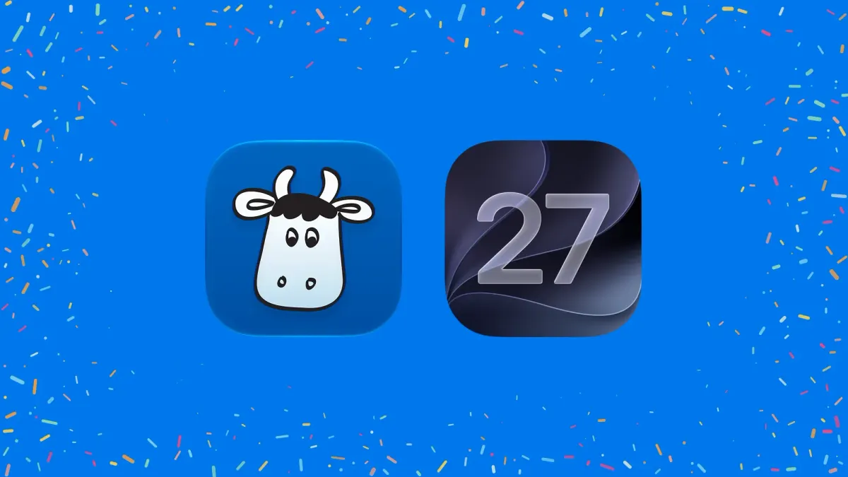 Remember The Milk app icon beside an iOS 27 icon, surrounded by colorful confetti on a blue background.