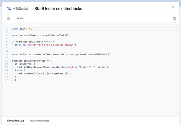 Screenshot of the MilkScript code editor in Remember The Milk.