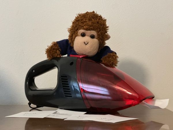 Bob T. Monkey with vacuum cleaner and to-dos.