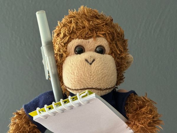 Bob T. Monkey with a notebook and pen.