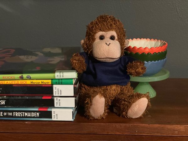 Bob T. Monkey with a stack of library books.