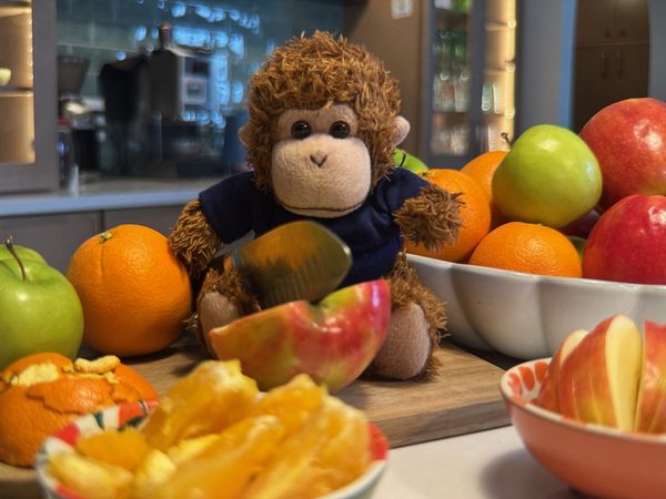 Bob slicing apples and oranges into separate piles.