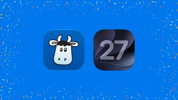 Remember The Milk app icon beside an iOS 27 icon, surrounded by colorful confetti on a blue background.