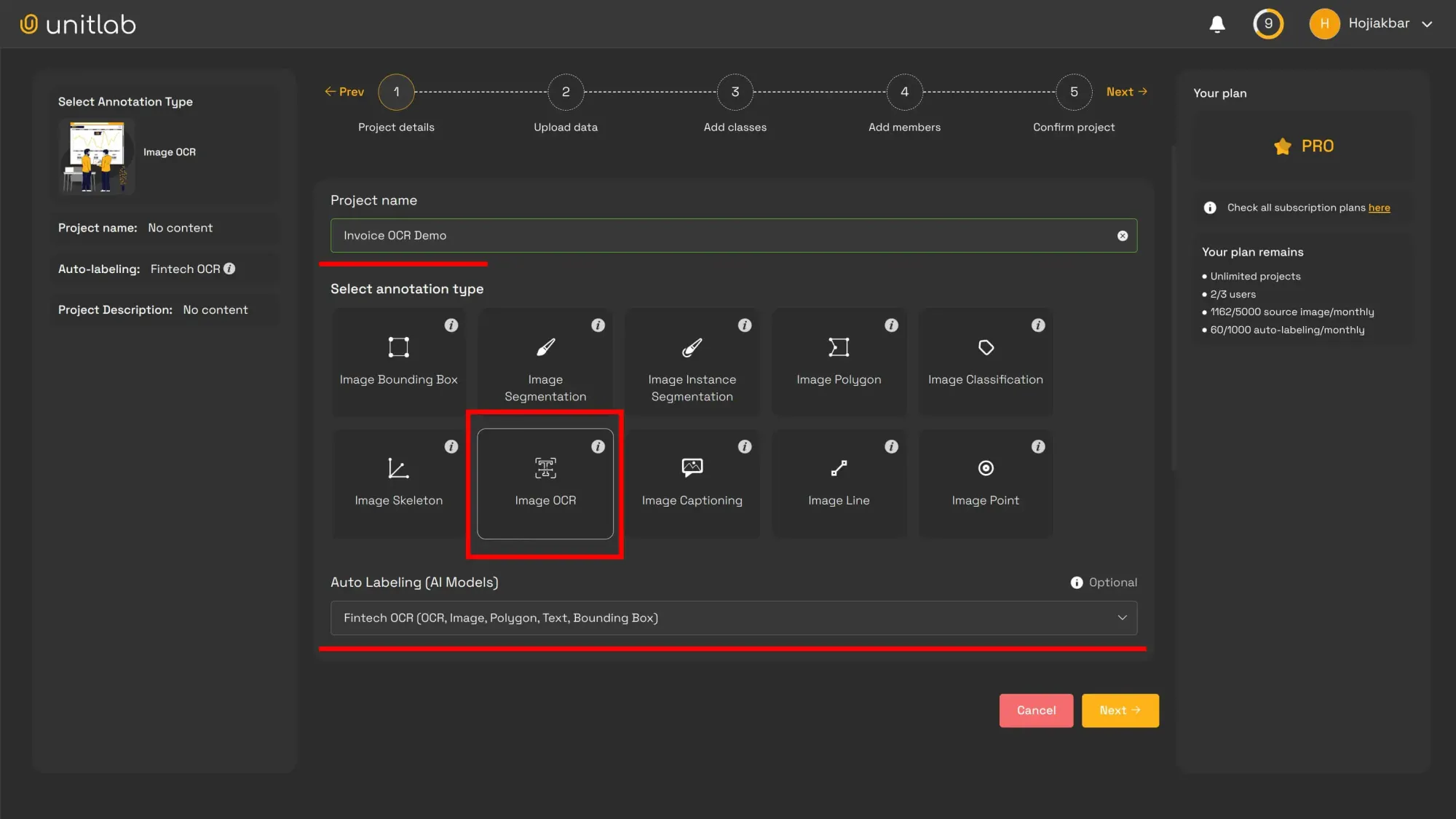 Invoice OCR Project Creation | Unitlab Annotate