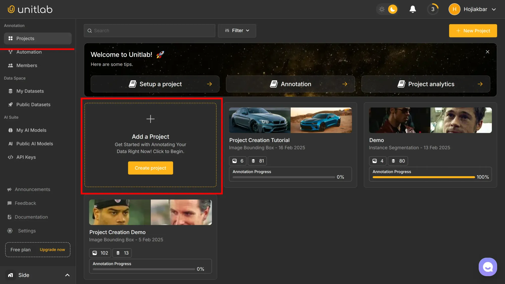 Create a Project | Unitlab Annotate