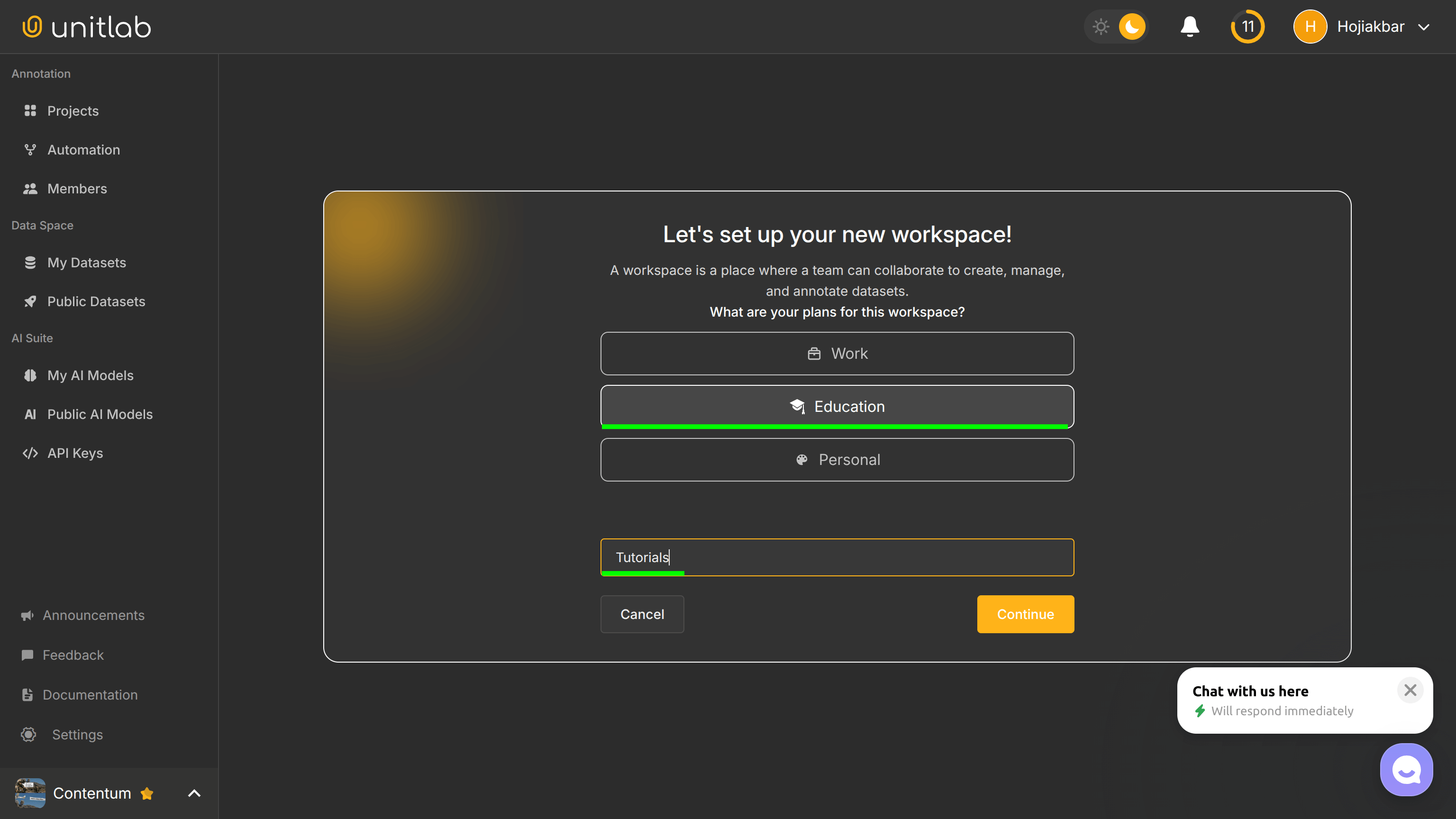 Workspace Purpose Selection and Name | Unitlab AI