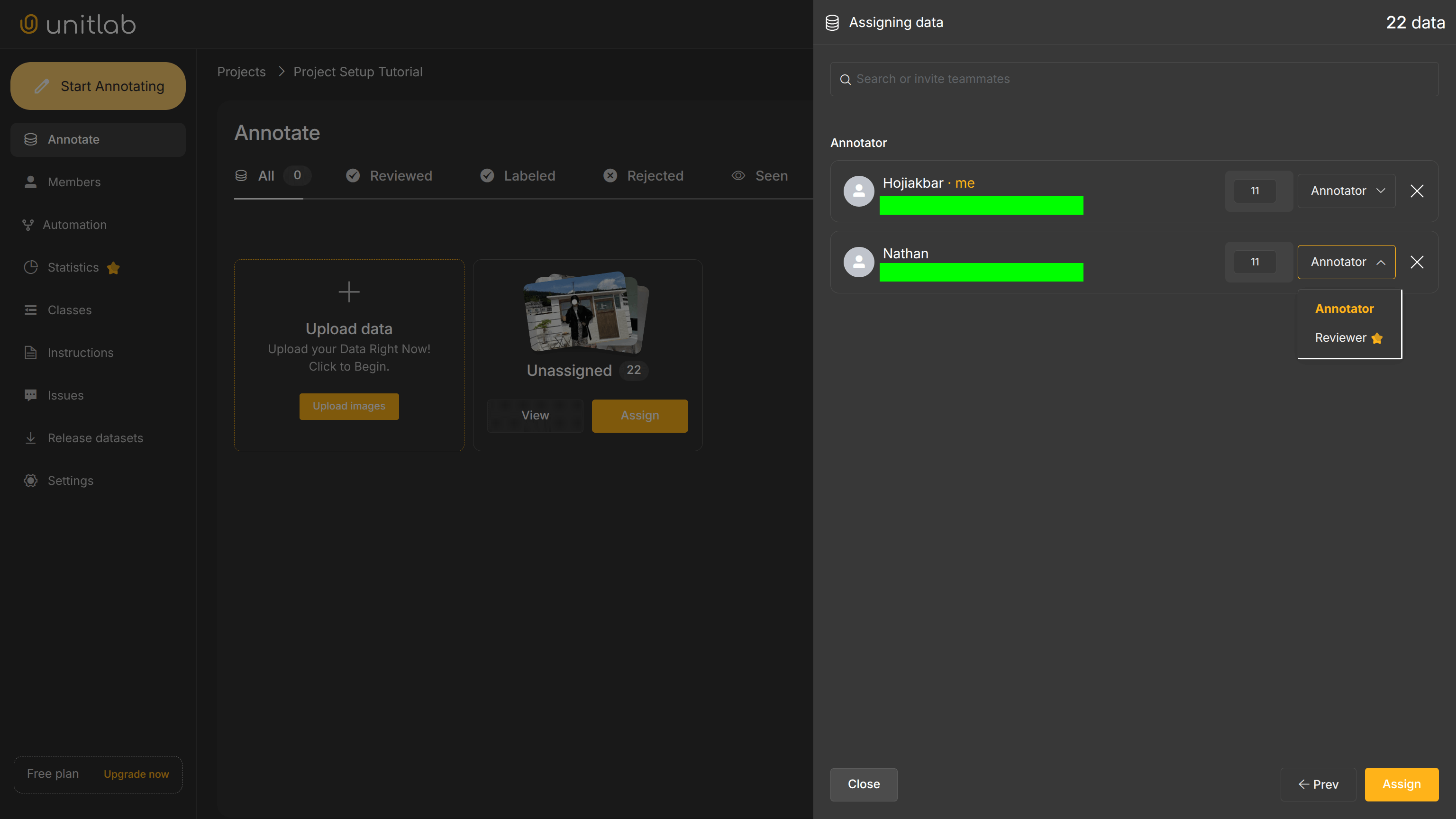 Assigning tasks to data annotators | Unitlab Annotate