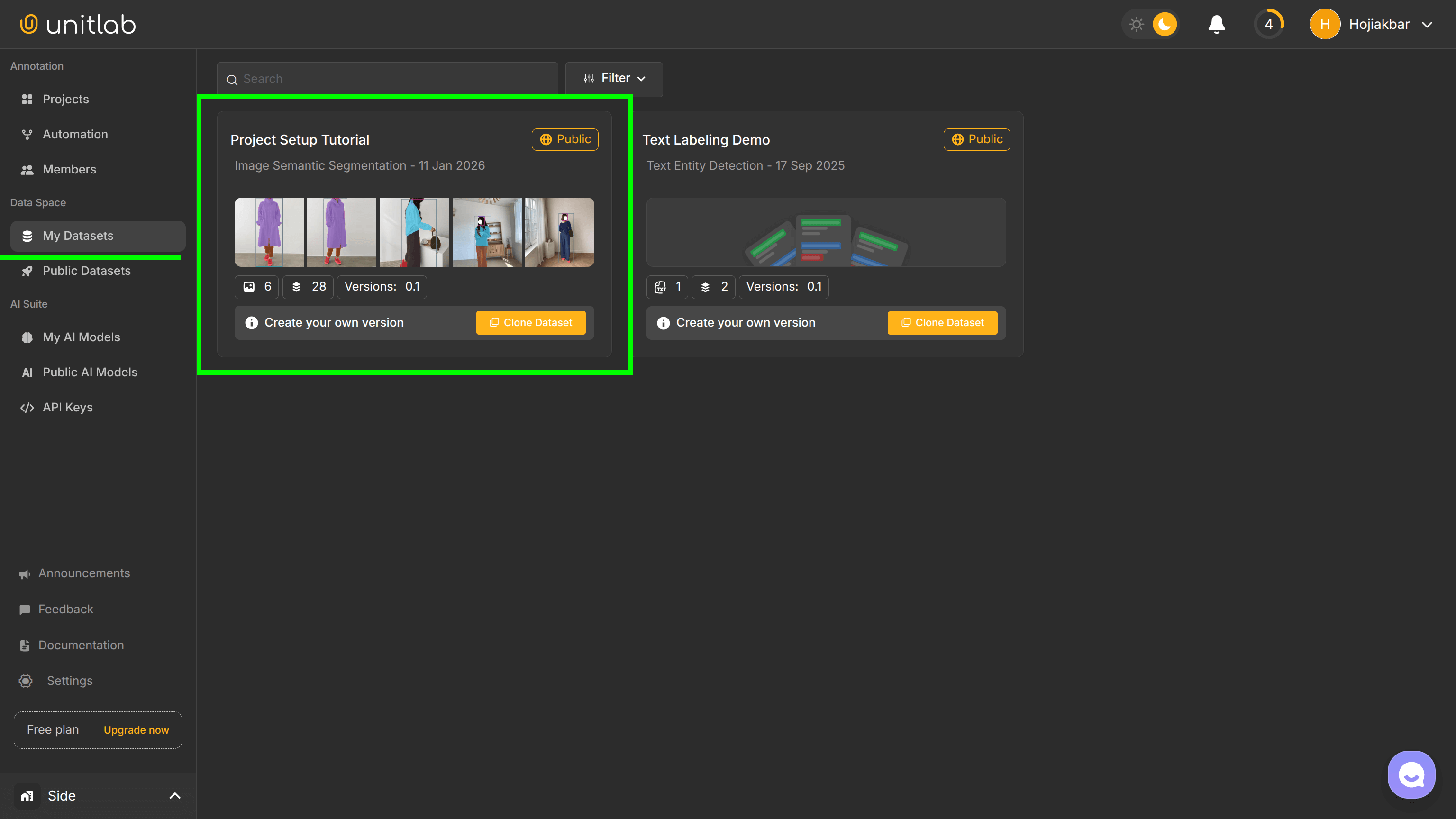 My Datasets Section | Unitlab Annotate
