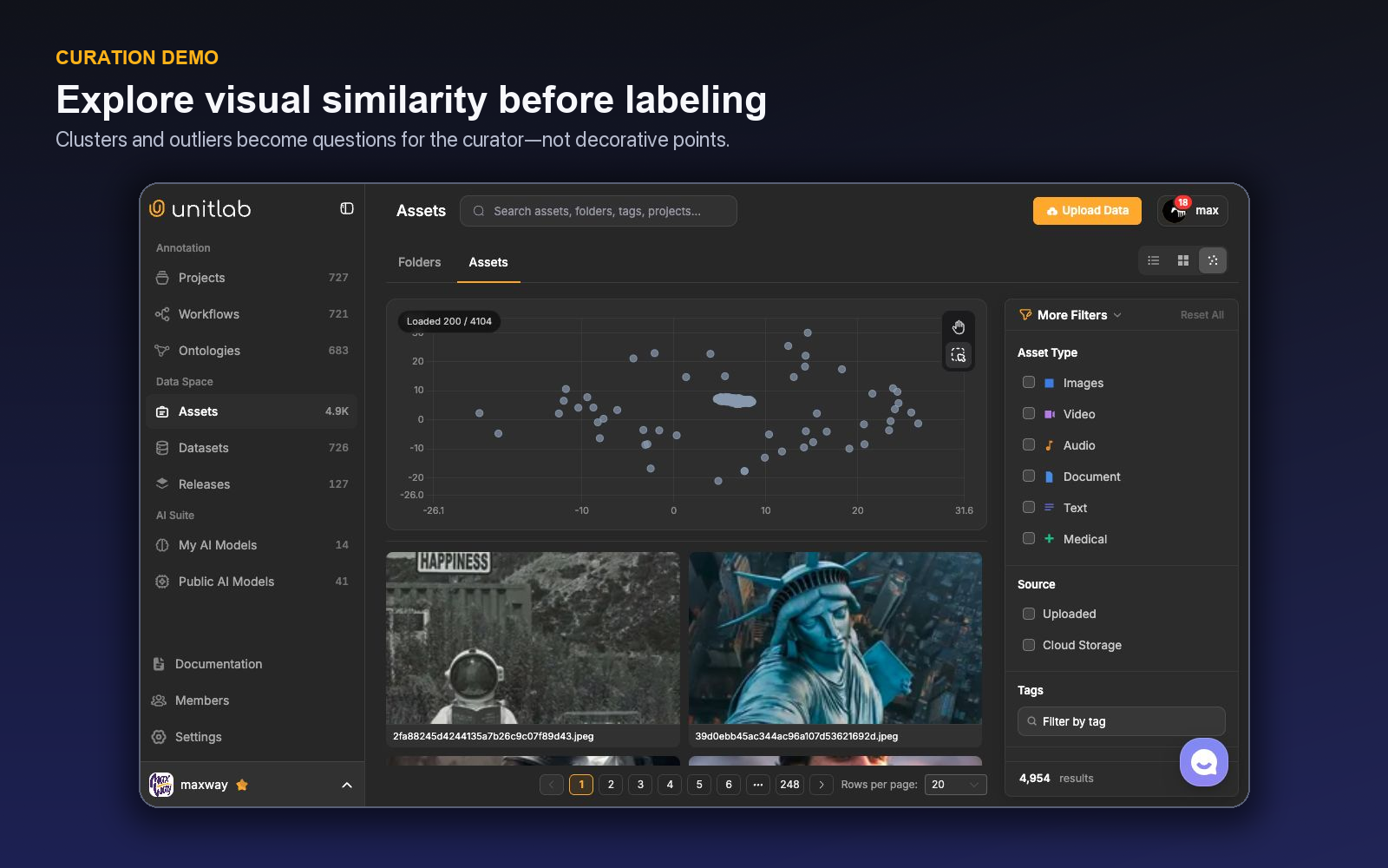 Unitlab embedding view for visually exploring asset clusters