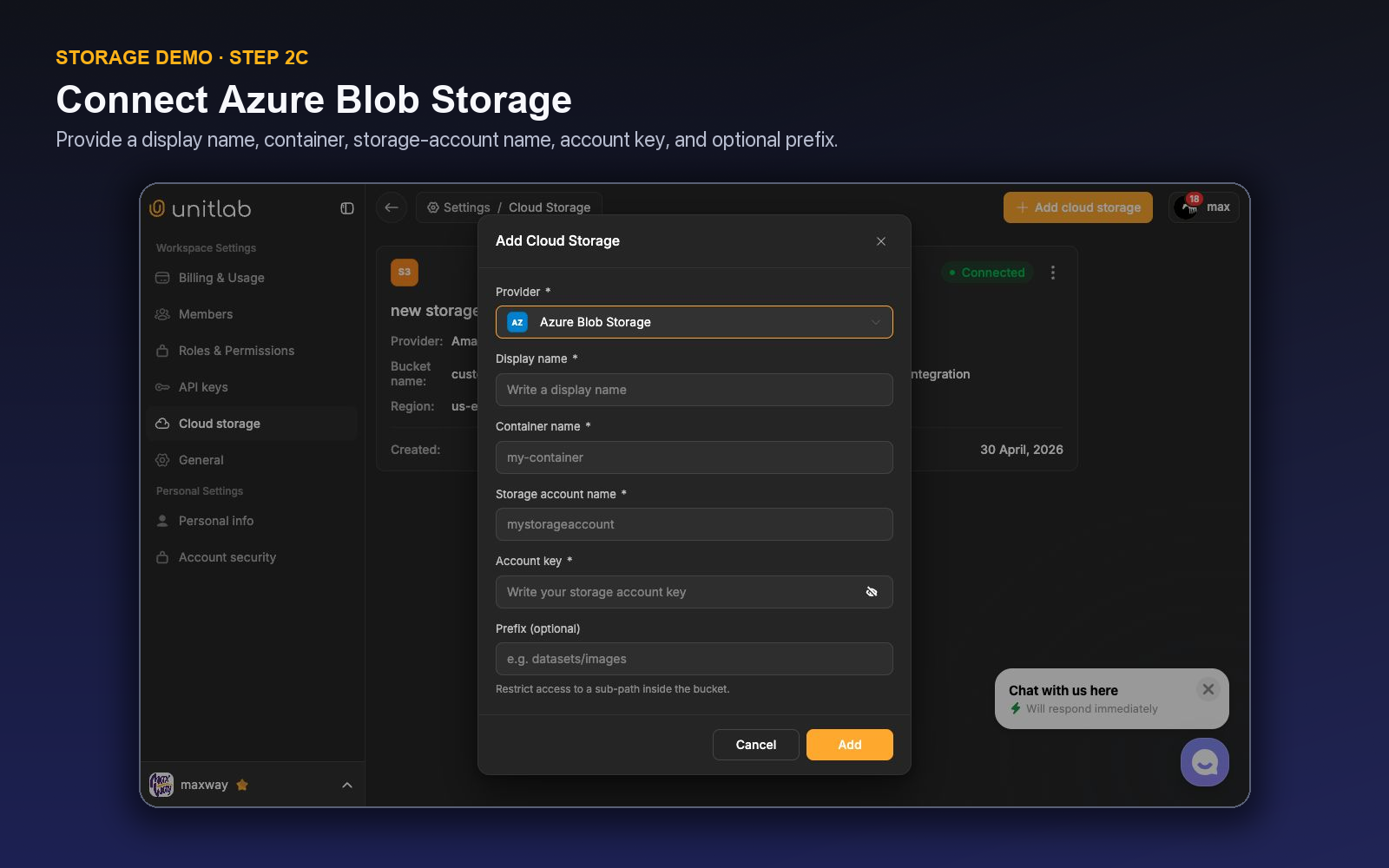 Unitlab Azure Blob Storage form with container, account name, account key, and prefix