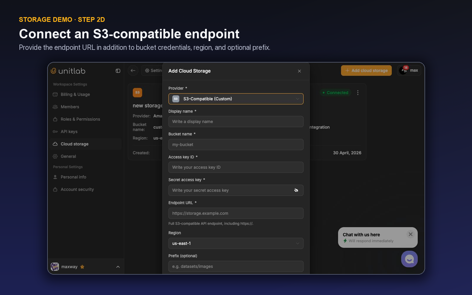 Unitlab custom S3-compatible form with endpoint URL, bucket, credentials, region, and prefix