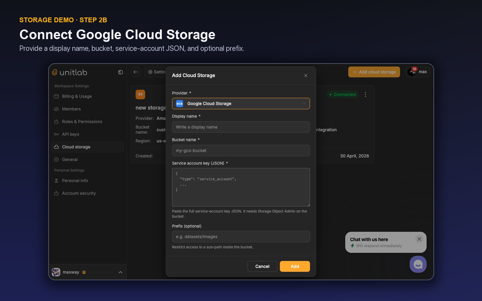 Unitlab Google Cloud Storage form with bucket, service-account JSON, and optional prefix